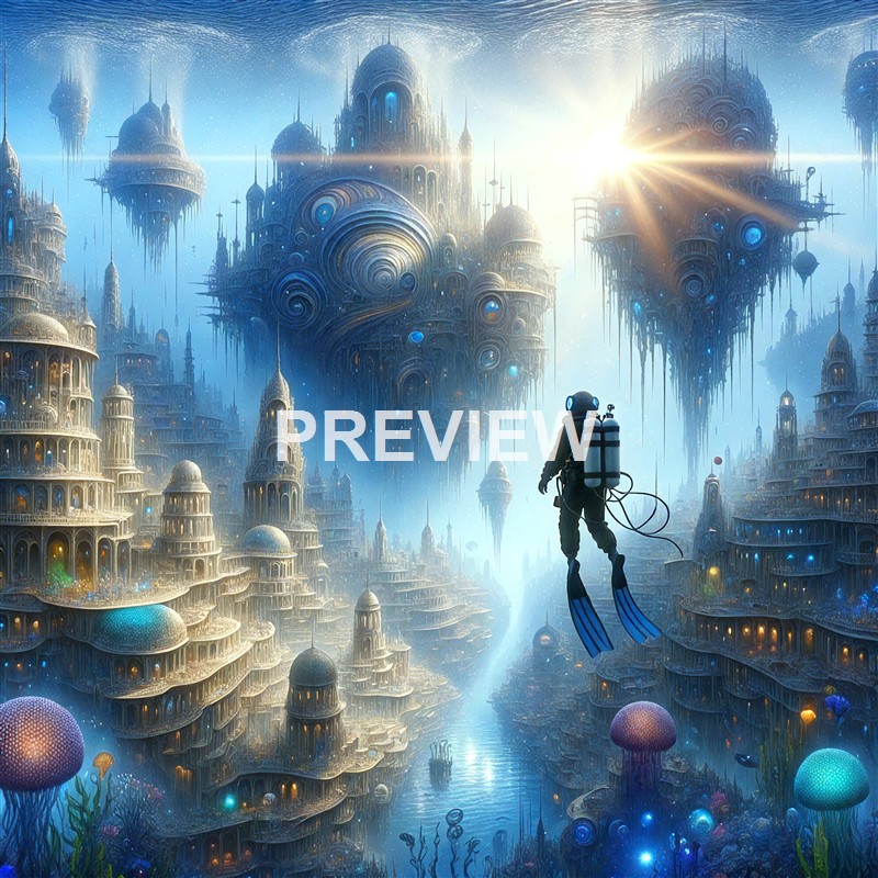 A futuristic scene featuring a scuba diver floating amidst an elaborate cityscape with floating islands and towering, ornate structures under a glowing sky.